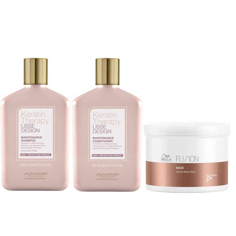 Alfaparf Keratin Therapy Maintenance and Fusion Intense Repair Mask | Zestaw do wygładzenia i odżywienia włosów: szampon 250ml + odżywka 250ml + maska 500ml