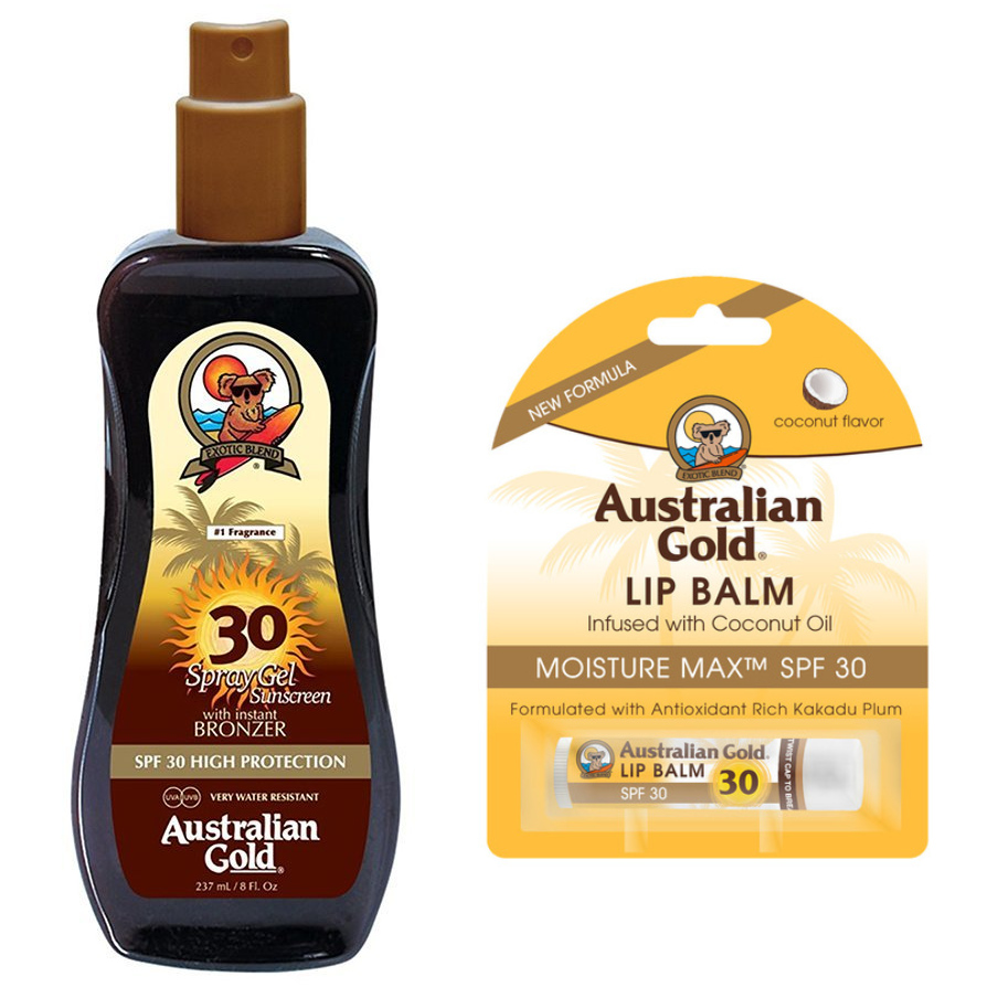 Australian Gold Spray Gel Bronzer SPF30 and Coconut Lip Balm SPF30 | Zestaw do opalania: spray do opalania z bronzerem 237ml + kokosowa pomadka ochronna 4.2g