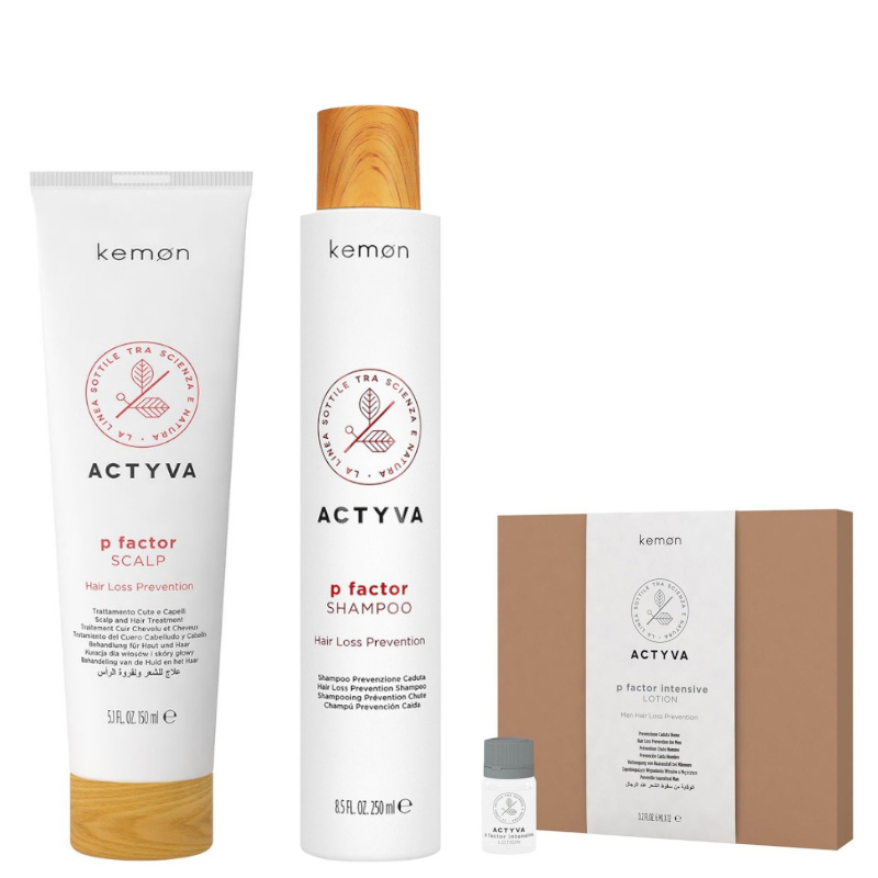 Kemon Actyva P Factor | Zestaw do włosów wypadających: kuracja 150ml + szampon 250ml +  kuracja przeciw wypadaniu włosów dla mężczyzn 12x6ml