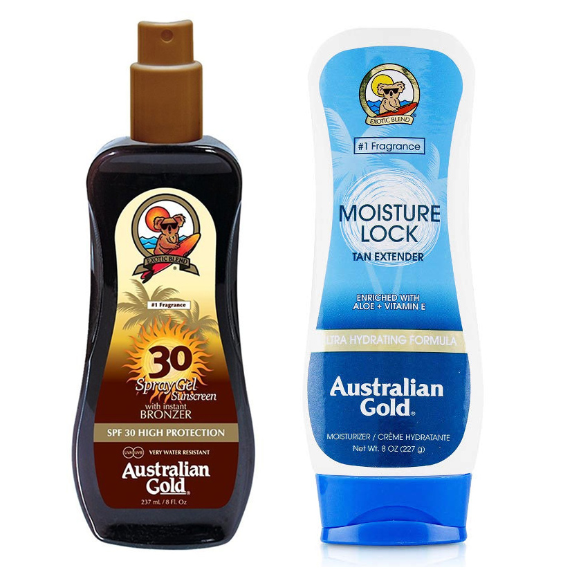 Australian Gold Spray Gel Bronzer SPF30 and Moisture Lock | Zestaw do opalania: spray do opalania z bronzerem 237ml + balsam po opalaniu 227g