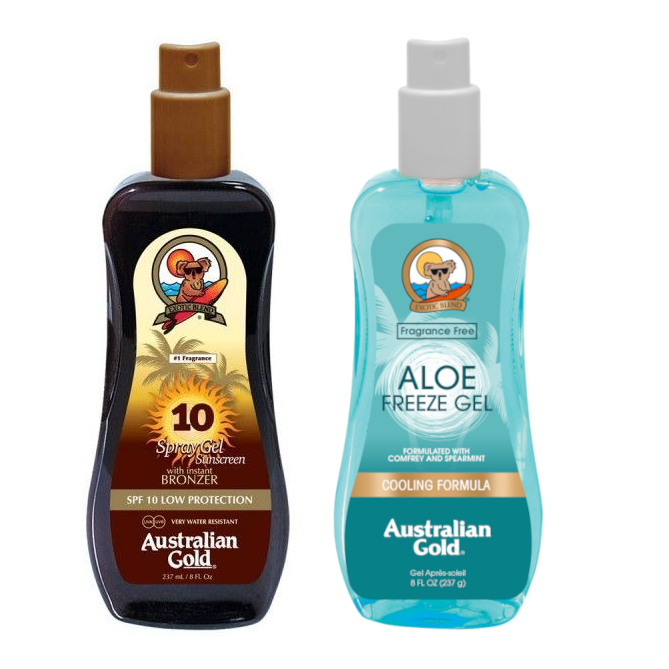 Australian Gold SPF 10 Spray Gel Bronzer and Aloe Freeze Spray | Zestaw do opalania: spray do opalania z bronzerem 237ml + chłodzący spray po opalaniu 237ml