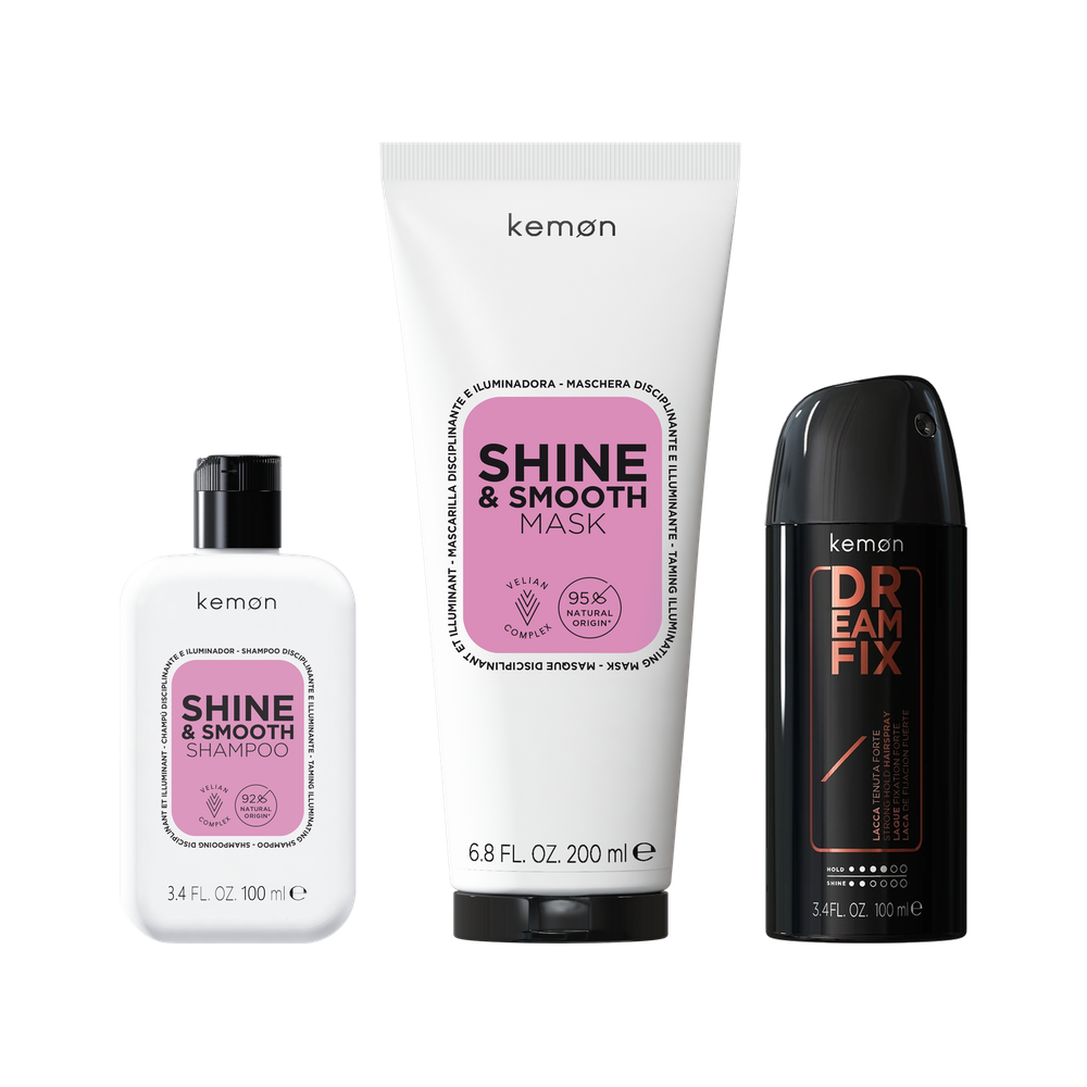 Kemon Shine & Smooth | Zestaw wygładzający do włosów puszących się: szampon 100ml + maska 200ml + lakier Dreamfix 100ml