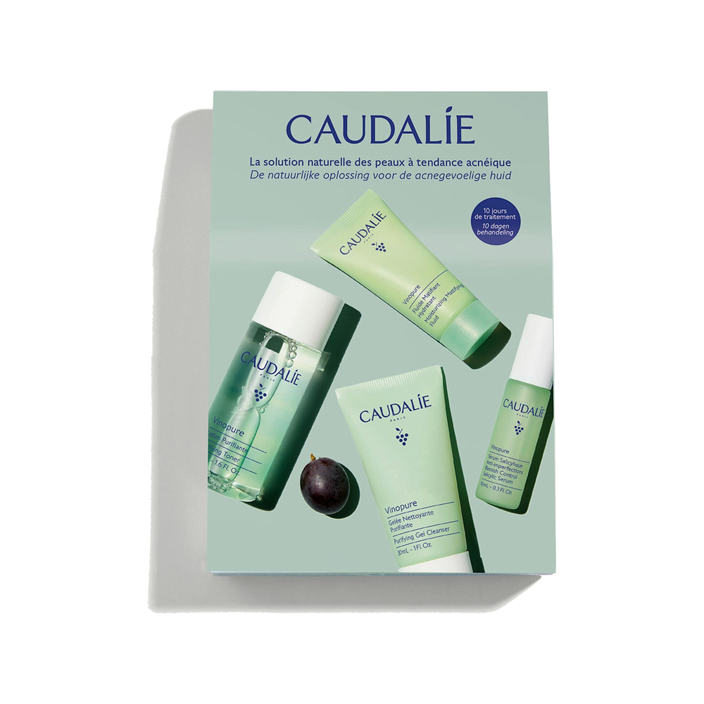 Caudalie Vinopure | Zestaw do cery mieszanej i trądzikowej: żel do mycia twarzy 30ml + tonik 50ml + serum 10ml + fluid 15ml