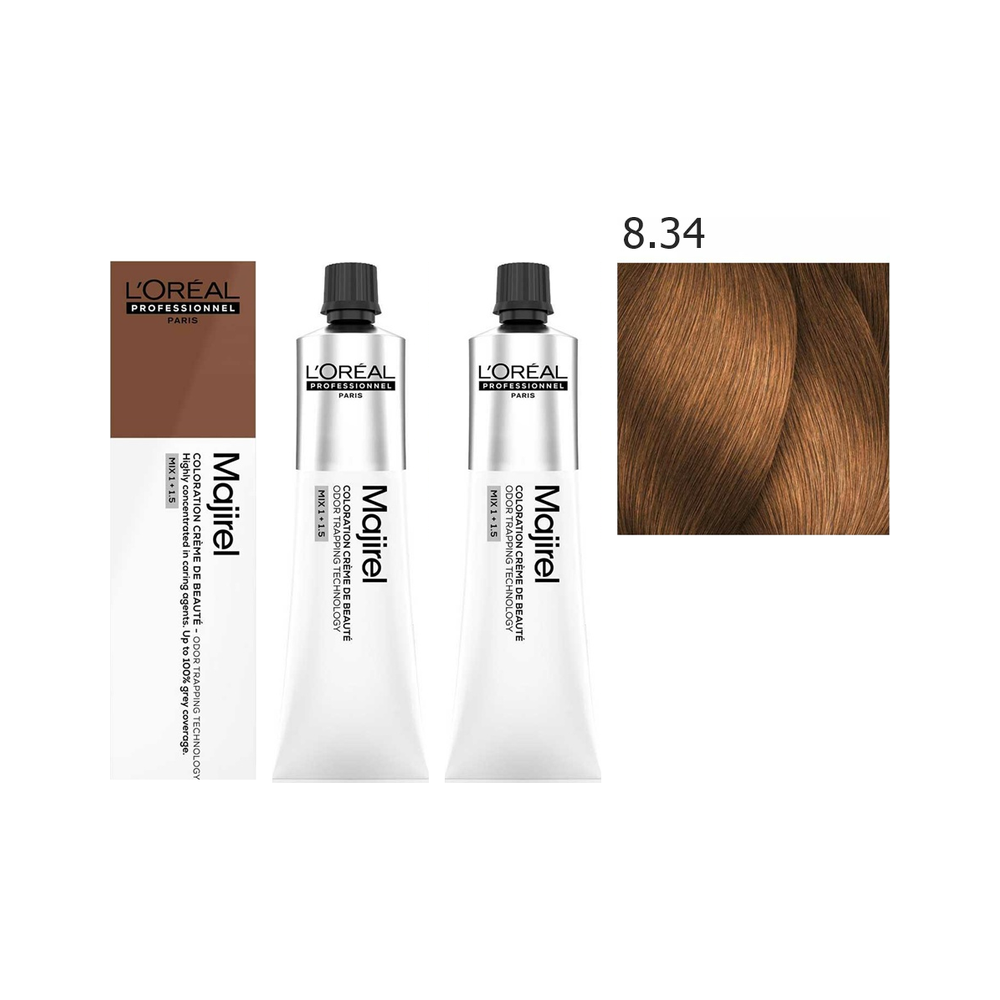 L'Oréal Professionnel Majirel | Zestaw: trwała farba do włosów - kolor 8.34 jasny blond złocisto-miedziany 2x60ml