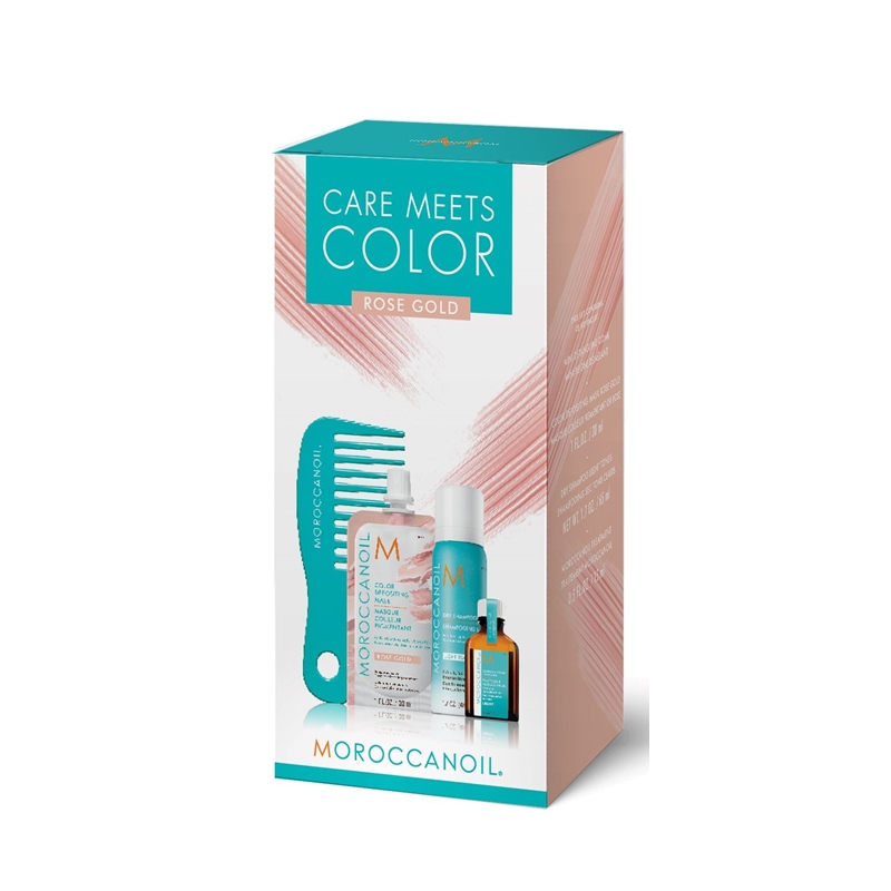 MoroccanOil Care Meets Color Rose Gold | Zestaw do pielęgnacji włosów blond: maska koloryzująca 30ml + kuracja light 15ml + suchy szampon 65ml + grzebień