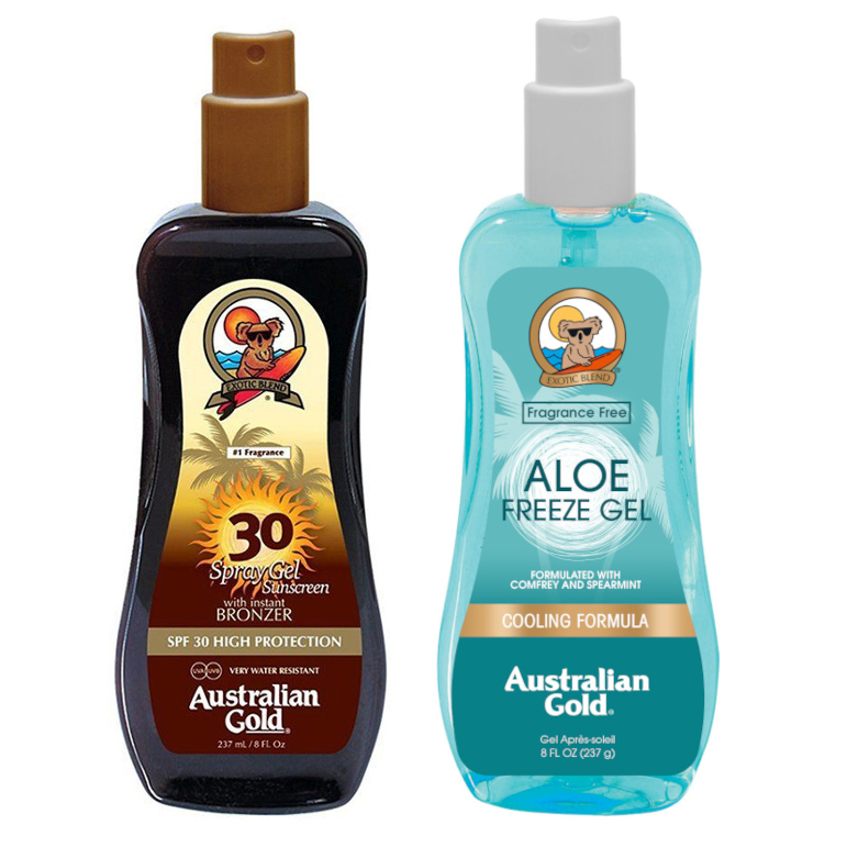 Australian Gold Spray Gel Bronzer SPF30 and Aloe Freeze Spray | Zestaw do opalania: spray do opalania z bronzerem 237ml + chłodzący spray po opalaniu 237ml