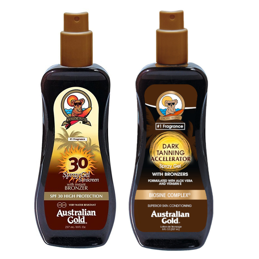 Australian Gold SPF 30 Spray Gel Bronzer and Accelerator Spray Gel | Zestaw do opalania: spray do opalania z bronzerem 237ml + spray przyspieszający opalanie 237ml