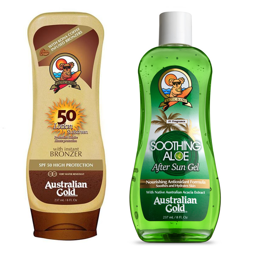 Australian Gold SPF 50 Lotion Bronzer and Soothing Aloe After Sun | Zestaw do opalania: balsam do opalania z bronzerem 237ml + żel po opalaniu 237ml