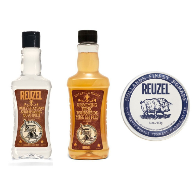 Reuzel Daily and Grooming Tonic and Violet Clay | Zestaw do włosów dla mężczyzn: szampon 350ml + płyn do układania włosów 350ml + średnio utrwalająca pomada 113g