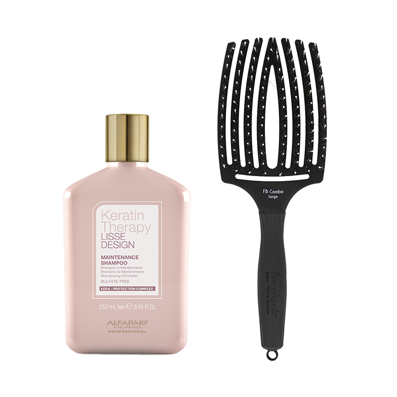 Alfaparf Keratin Therapy Lisse Design Maintenance and Finger Brush | Zestaw do wygładzenia i rozczesywania włosów: szampon 250ml + szczotka rozmiar L