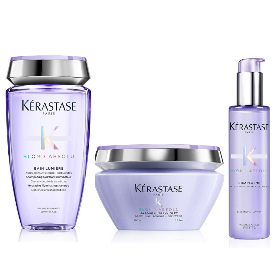 Blond Absolu Lumiere and Ultra-Violet and Cicaplasme | Zestaw do włosów blond: kąpiel rozświetlająca 250ml + maska 200ml + krem termoochronny 150ml