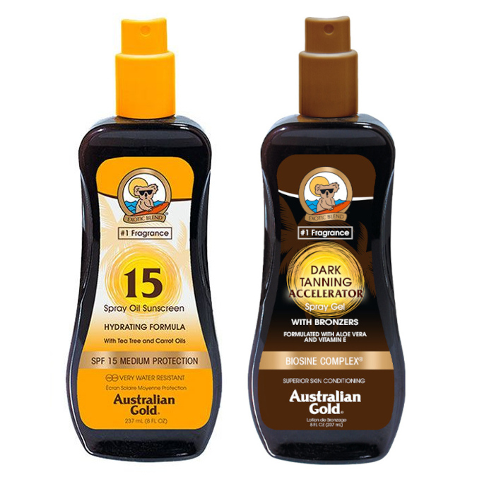 Australian Gold SPF 15 Spray Oil and Accelerator Spray Gel | Zestaw do opalania: olejek w sprayu do opalania 237ml + spray przyspieszający opalanie 237ml