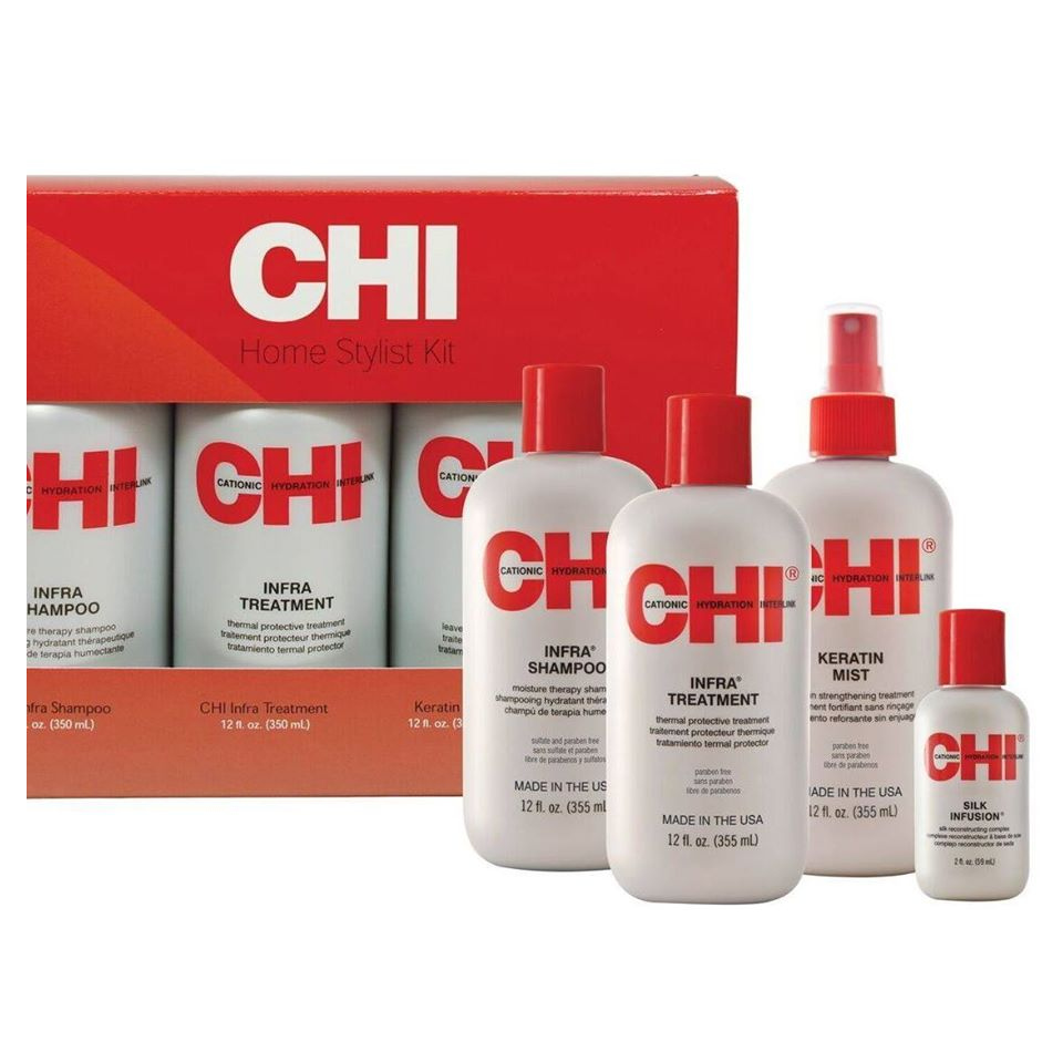 CHI Home Stylist Support Kit | Zestaw kosmetyków chroniących przed wysoką temperaturą: szampon 355ml + odżywka 355ml + mgiełka 355ml + jedwab w płynie 59ml