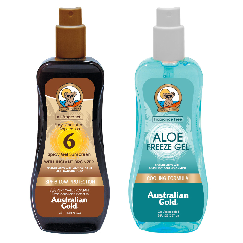 Australian Gold SPF 6 Spray Gel Bronzer and Aloe Freeze Spray | Zestaw do opalania: spray do opalania z bronzerem 237ml + chłodzący spray po opalaniu 237ml