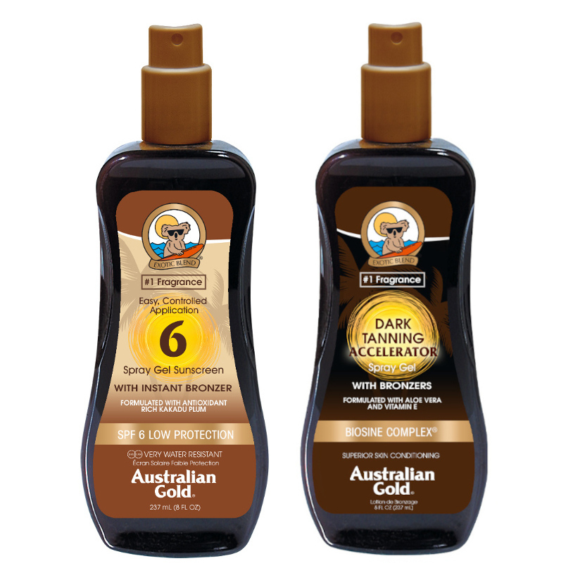 Australian Gold SPF 6 Spray Gel Bronzer and Accelerator Spray Gel | Zestaw do opalania: spray do opalania z bronzerem 237ml + spray przyspieszający opalanie 237ml