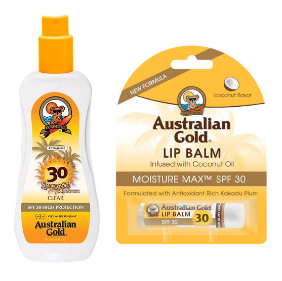 Australian Gold SPF 30 Spray Gel and Coconut Lip Balm SPF30 | Zestaw do opalania: spray do opalania 237ml + kokosowa pomadka ochronna 4.2g