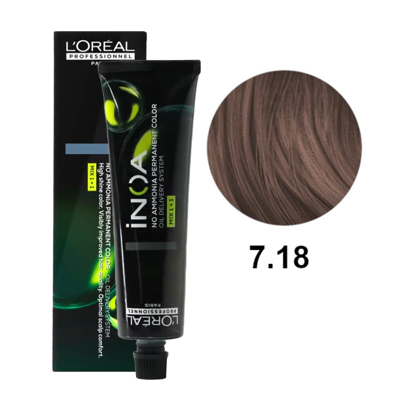 L'Oréal Professionnel iNOA 7.18 | Bezamoniakowa trwała farba do włosów - kolor 7.18 popielaty blond mokka 60g