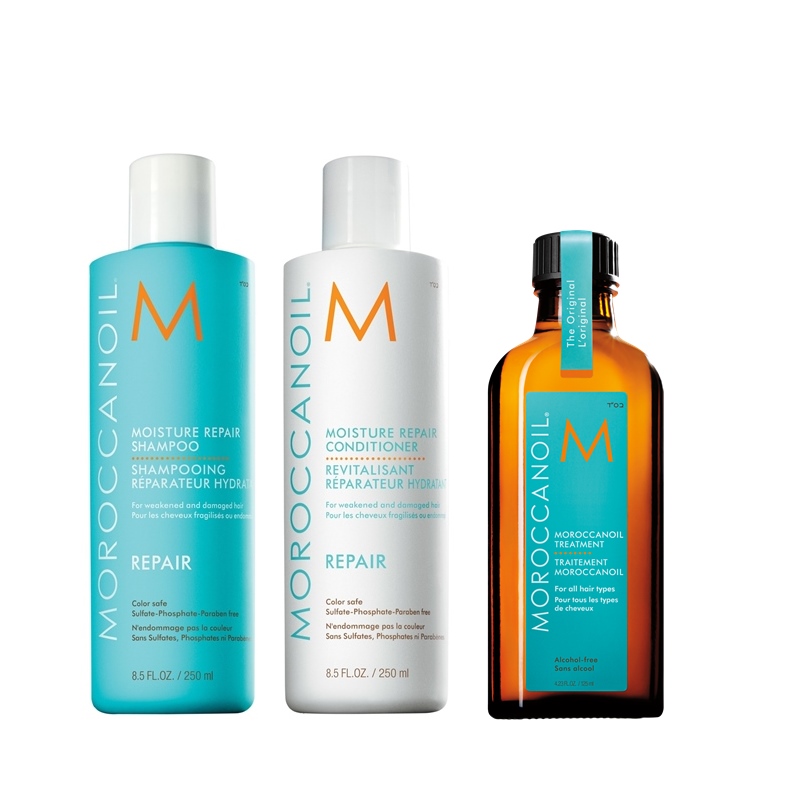 MoroccanOil Moisture Repair and Oil Treatment | Zestaw regenerujący do włosów: szampon 250ml + odżywka 250ml + naturalny olejek arganowy do każdego rodzaju włosów 100ml