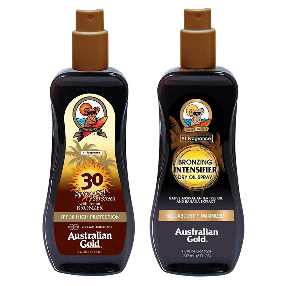 Australian Gold SPF 30 Spray Gel Bronzer and Intensifier Bronzing Dry Oil Spray | Zestaw do opalania: spray do opalania z bronzerem 237ml + suchy olejek przyspieszający opalanie 237ml