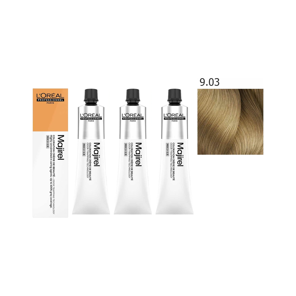 Majirel | Zestaw: trwała farba do włosów - kolor 9.03 bardzo jasny blond złocisto-naturalny 3x60ml