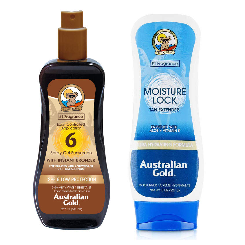 Australian Gold SPF 6 Spray Gel Bronzer and Moisture Lock | Zestaw do opalania: spray do opalania z bronzerem 237ml + balsam po opalaniu 227g