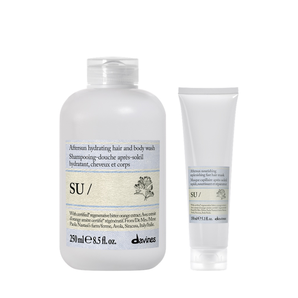 Davines SU | Szampon i żel do mycia ciała i włosów po opalaniu 250ml + SU | Regenerująca maska do włosów suchych i zniszczonych 150ml zestaw