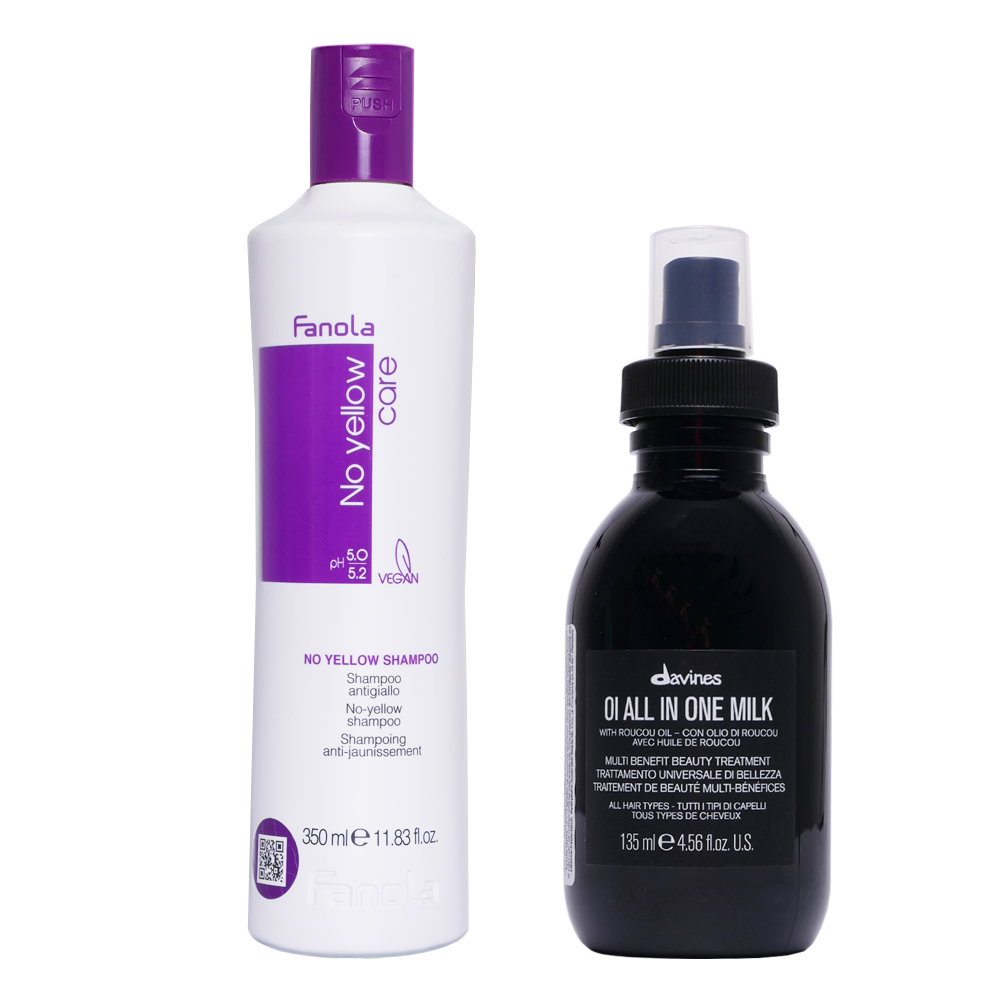 Fanola No Yellow and OI All in One Milk | Zestaw do ochrony włosów blond oraz do ich odżywienia: szampon 350ml + mleczko odżywcze 135ml