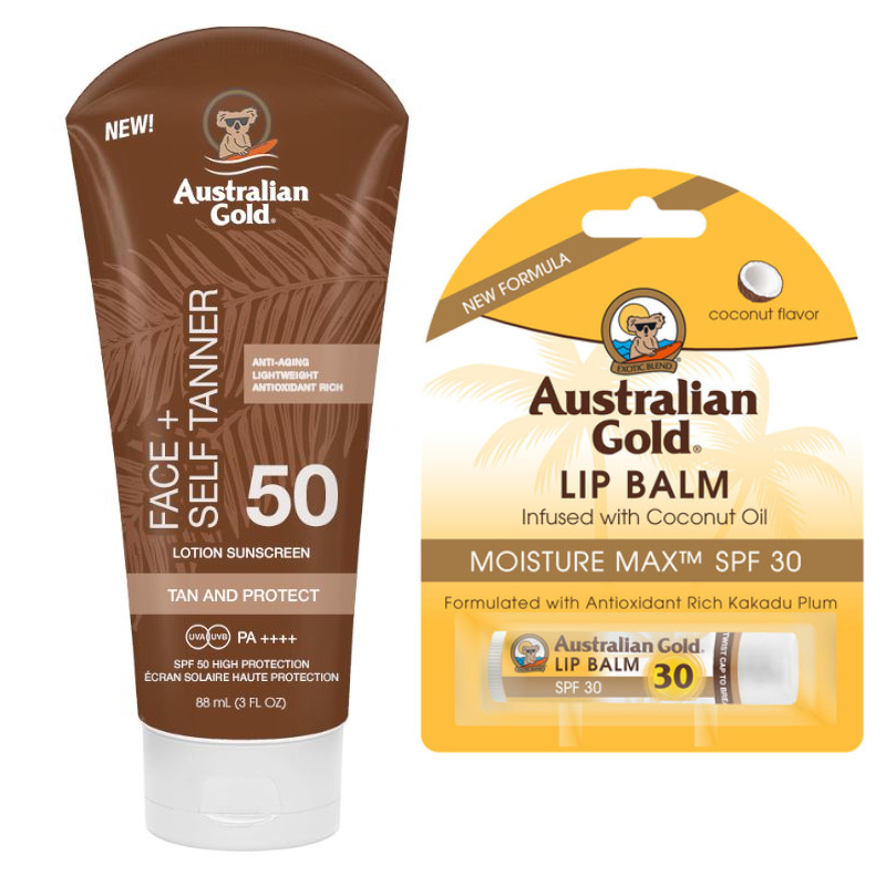 Australian Gold SPF50 Face Self Tanner and Lip Balm | Zestaw ochronny do twarzy: krem z filtrem i z samoopalaczem do twarzy 88ml + kokosowa pomadka ochronna 4.2g