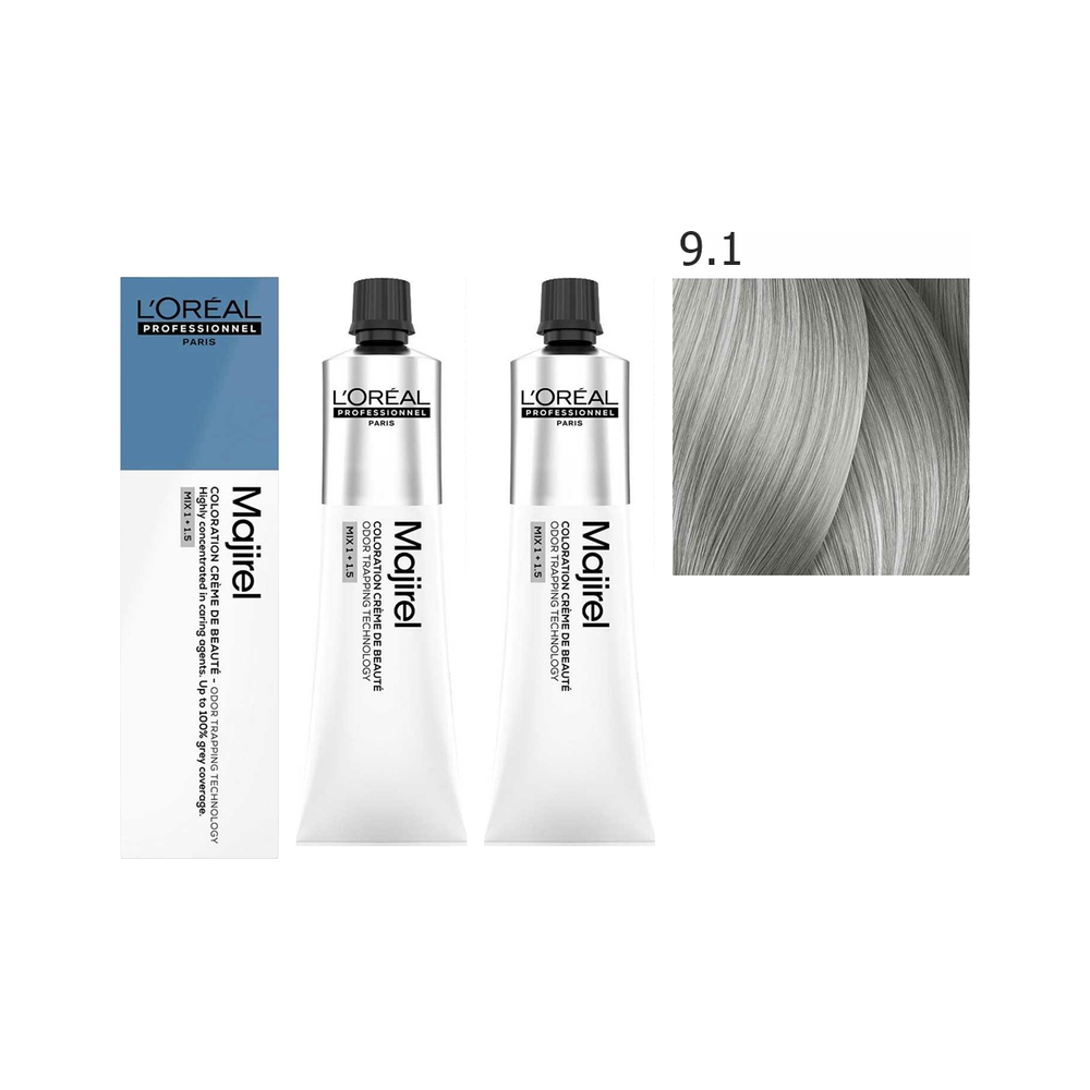 L'Oréal Professionnel Majirel | Zestaw: trwała farba do włosów - kolor 9.1 bardzo jasny blond popielaty 2x60ml