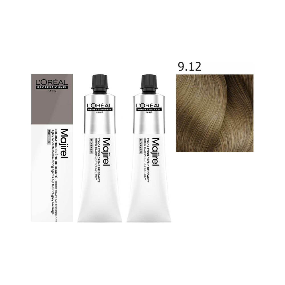 L'Oréal Professionnel Majirel | Zestaw: trwała farba do włosów - kolor 9.12 bardzo jasny blond popielato-opalizujący 2x60ml