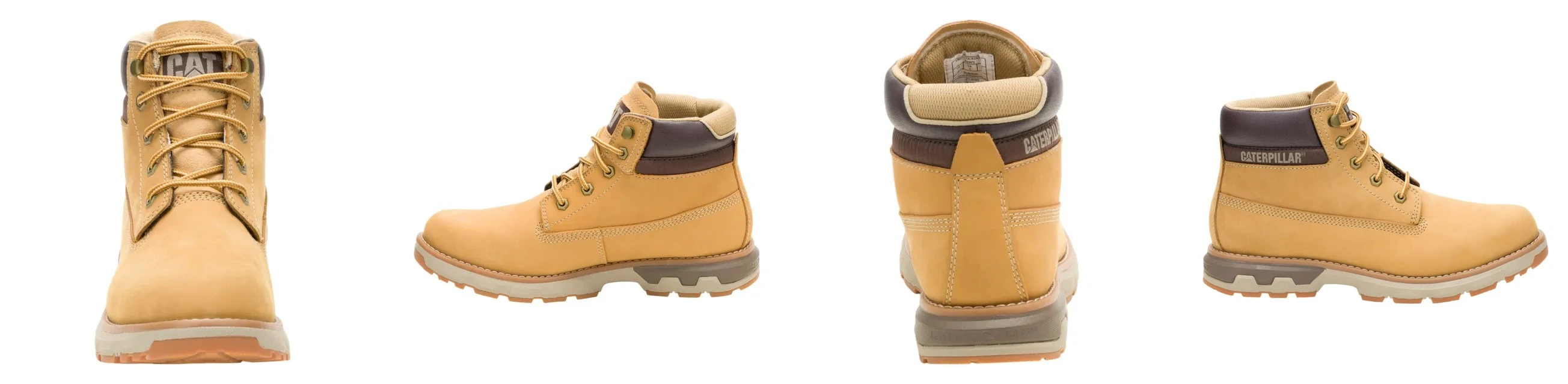 Four catalog photos of a tan lace-up boot on white, showing the front, right side, back and left side