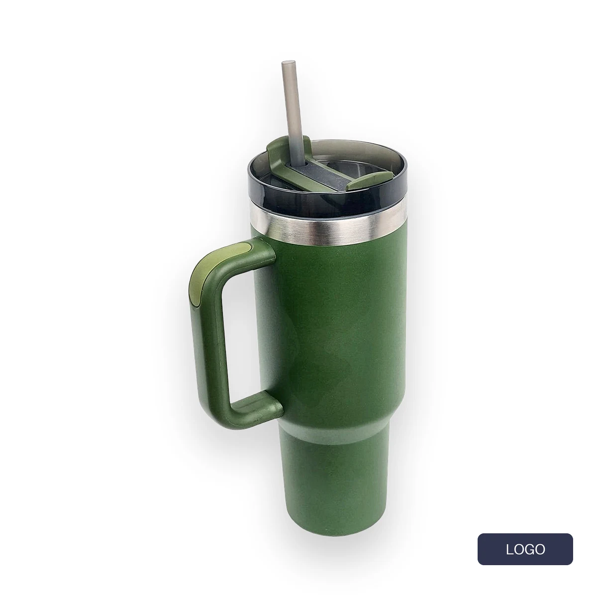 Olive green tumbler on white with a soft shadow and a sample logo in the corner, after batch editing