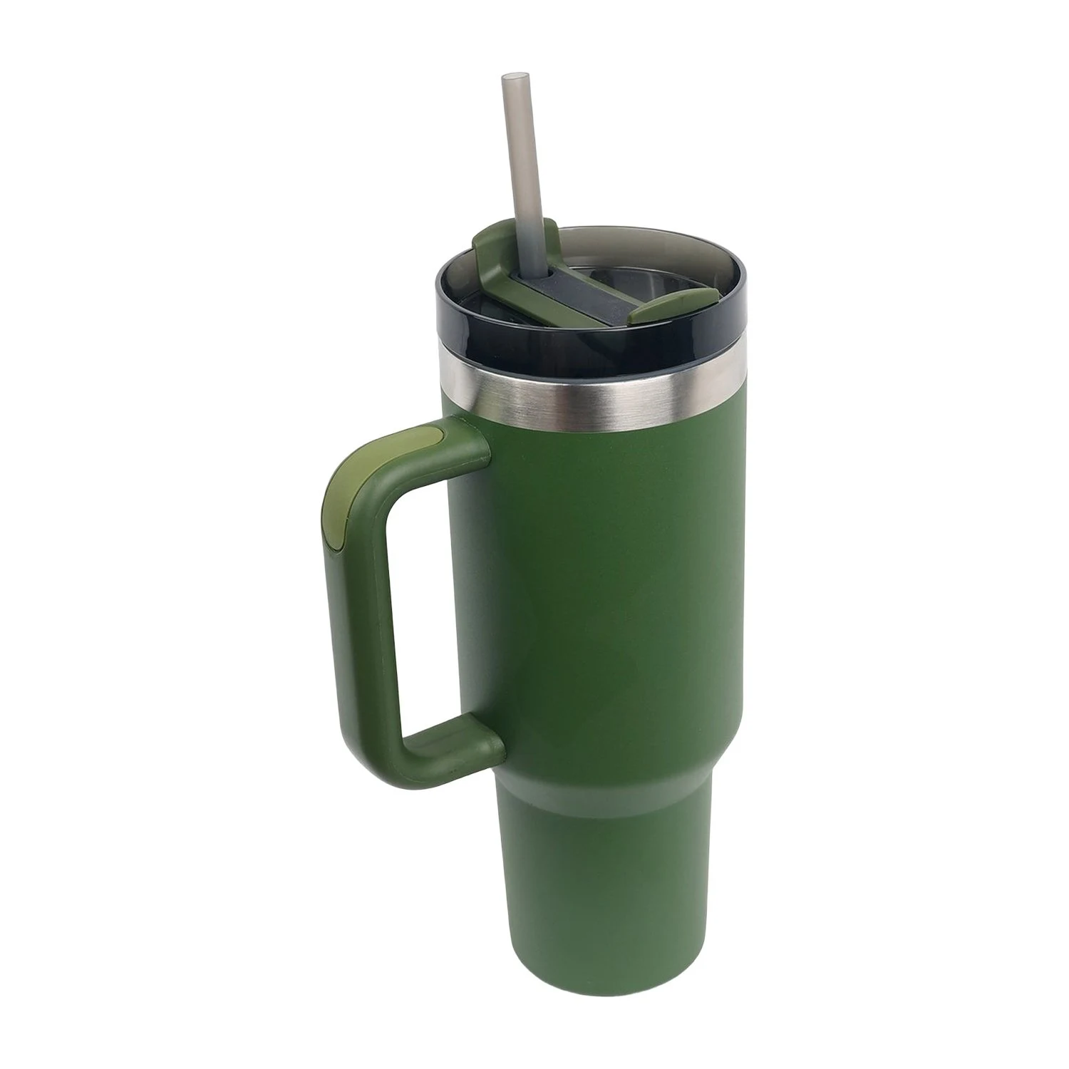 Olive green insulated tumbler with handle and straw, original product photo