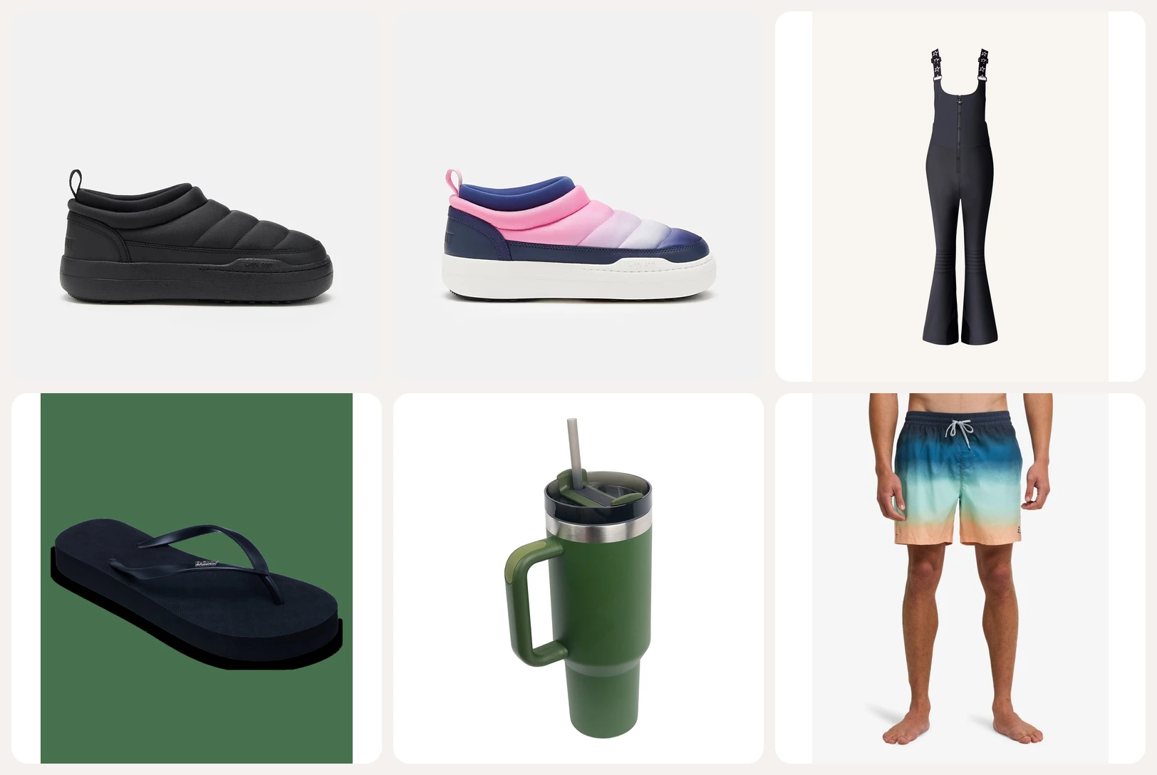 Six product photos on gray, cream, green and white backgrounds before a batch request