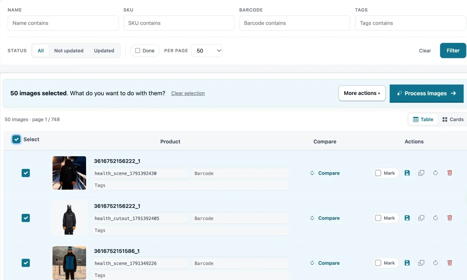 Batch Edit list with filters for name, SKU, barcode and tags and 50 product photos selected