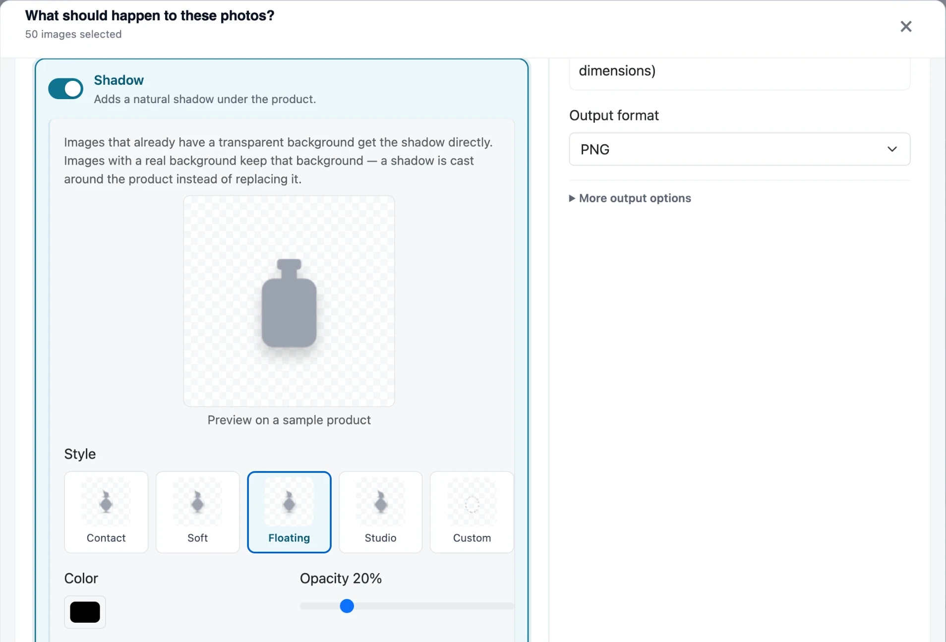 Shadow settings in a batch request with Contact, Soft, Floating, Studio and Custom styles and a preview