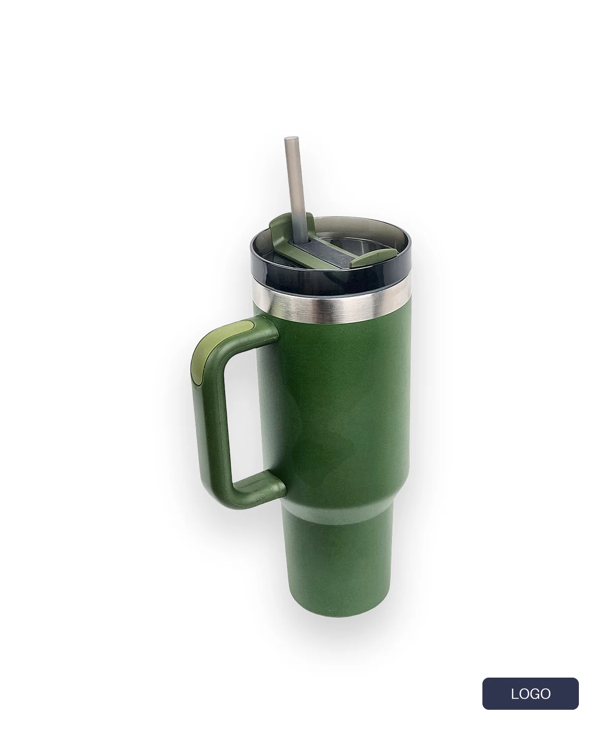 Olive tumbler in a 4:5 frame with a complete sample logo in the bottom right corner