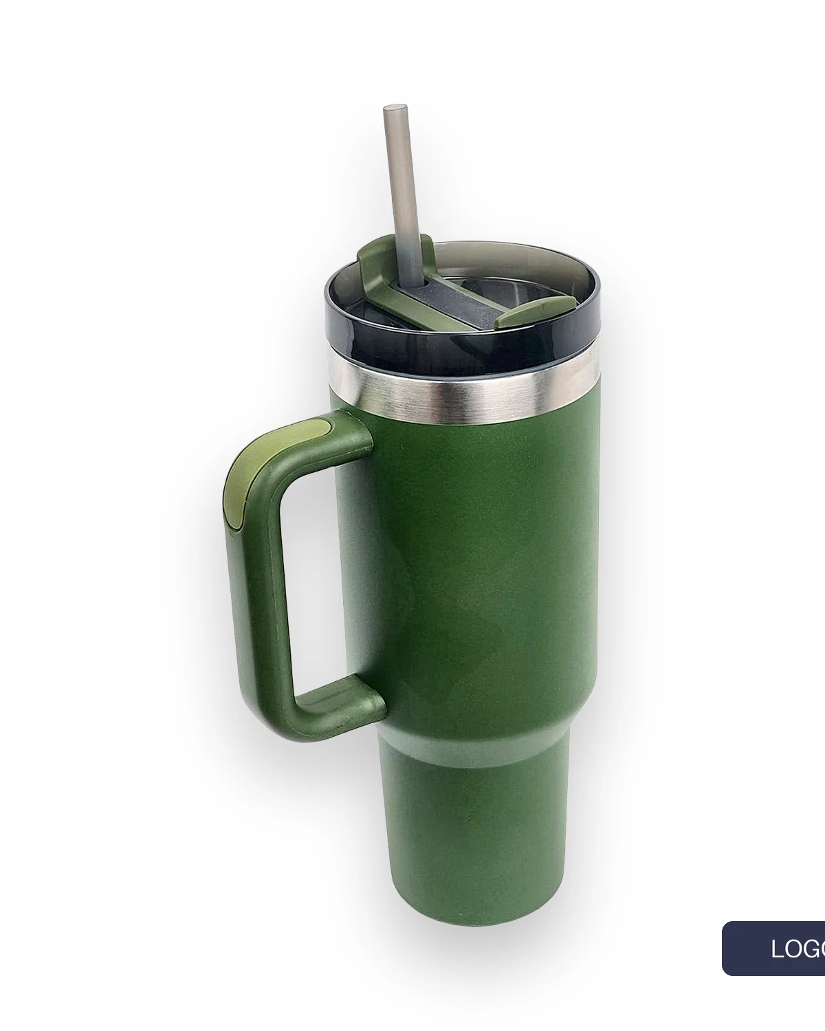 Olive tumbler in a 4:5 frame with a logo cut off at the right edge
