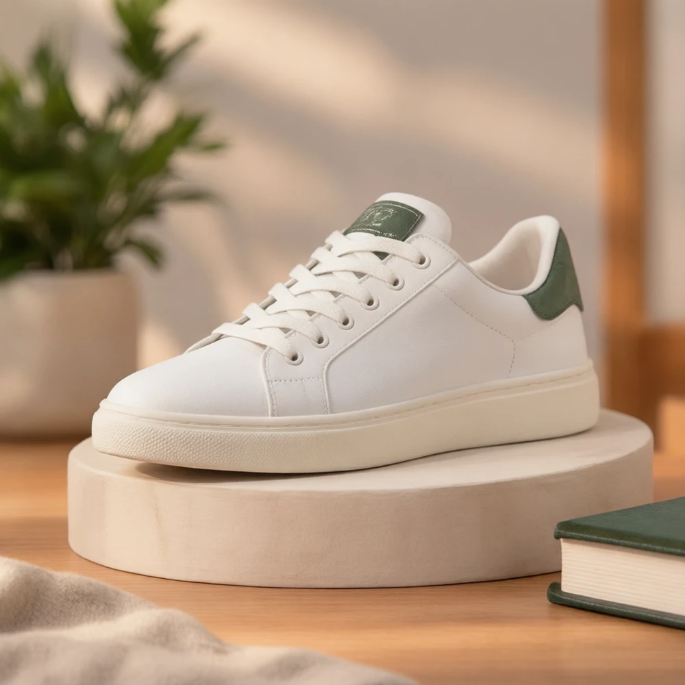 White leather sneaker with a green heel tab on a round light wood stand in a softly lit room, product photo