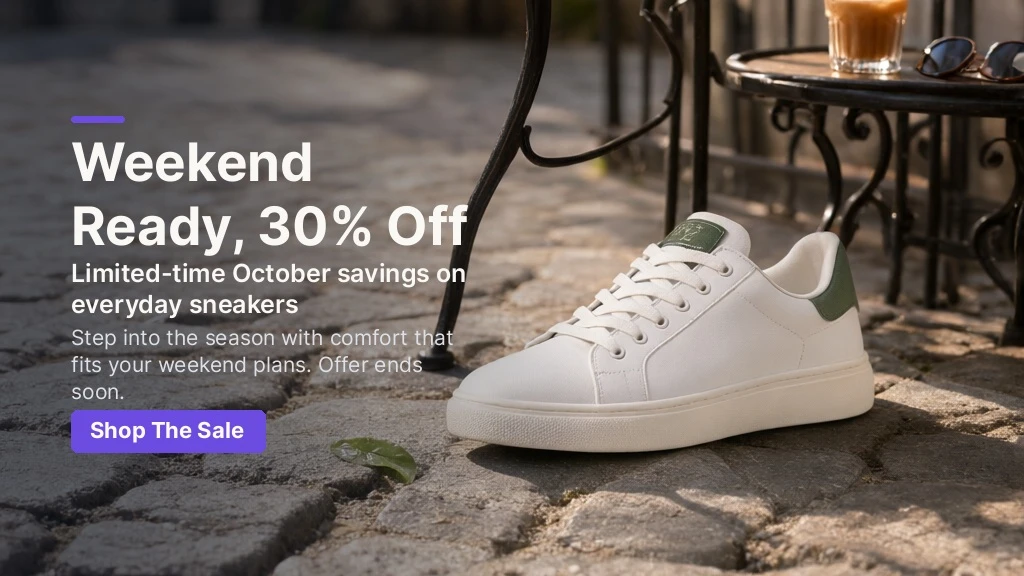 Hero banner of the same sneaker on cobblestones by a cafe chair, with the headline Weekend Ready, 30% Off and a violet button