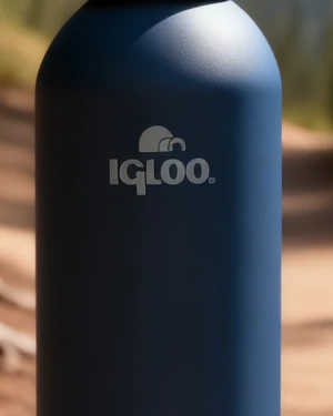 Nahaufnahme des Igloo-Logos auf der marineblauen Flasche in der generierten Wanderszene