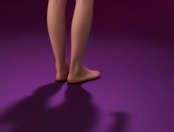Bare feet and lower legs of the model on a purple studio floor with a long soft shadow