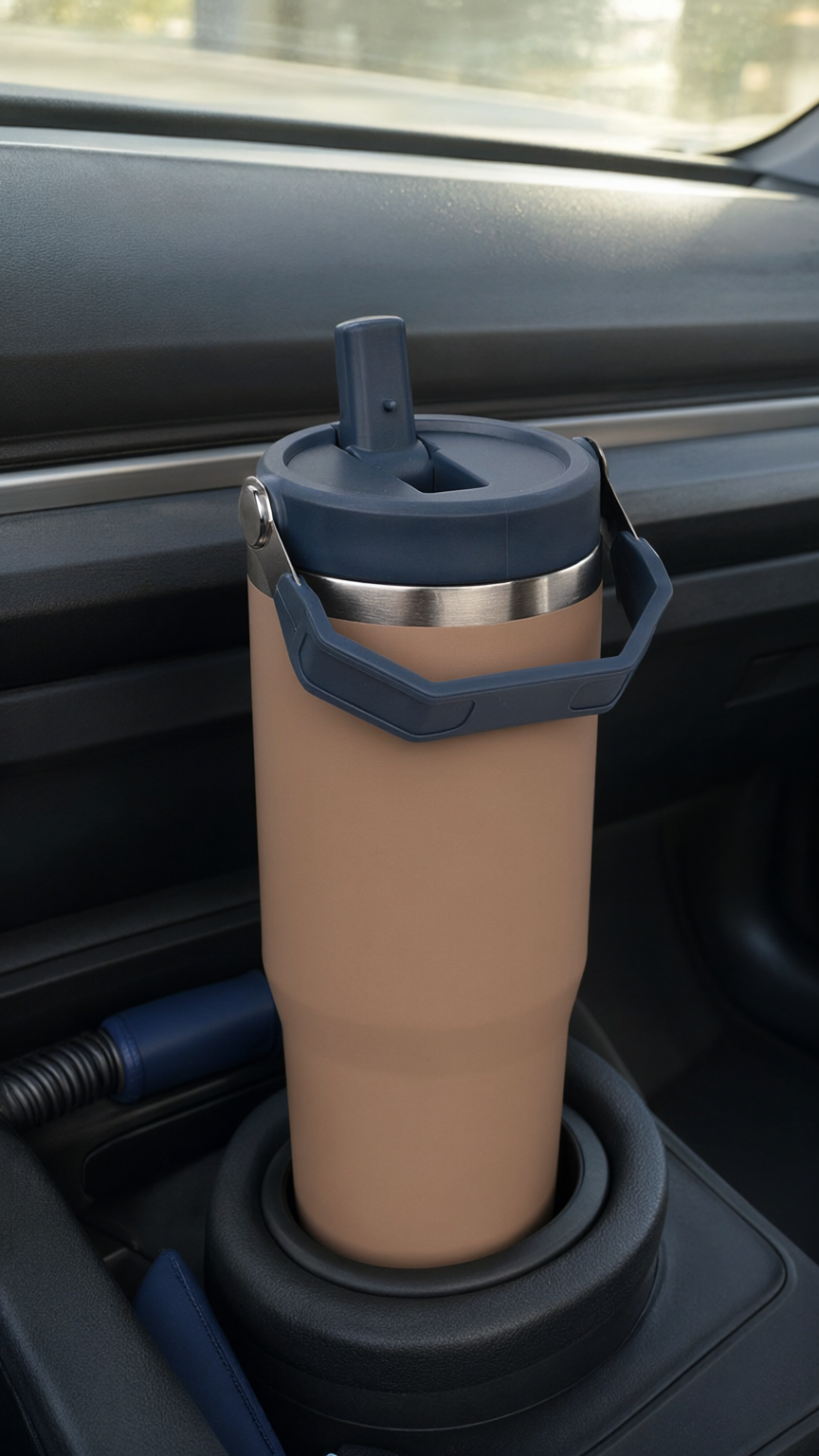 The same peach tumbler standing in a black car cup holder in front of the dashboard in soft daylight