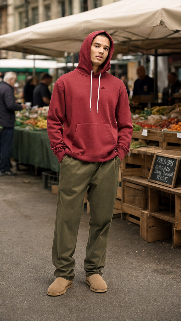 The same man in the maroon hoodie standing by produce crates and a chalkboard sign at an outdoor market