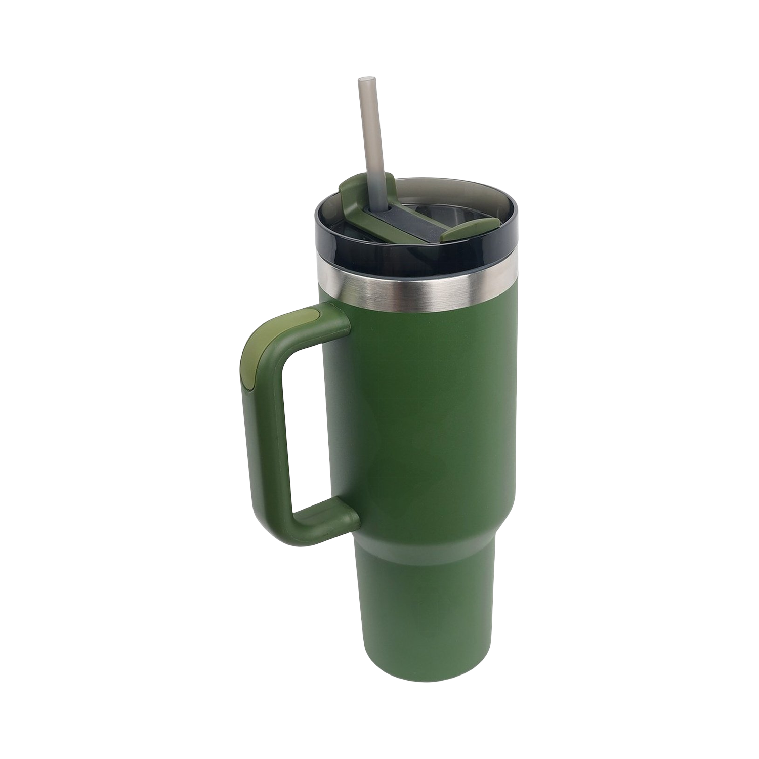 Olive green insulated tumbler with straw and handle, cut out on a transparent background