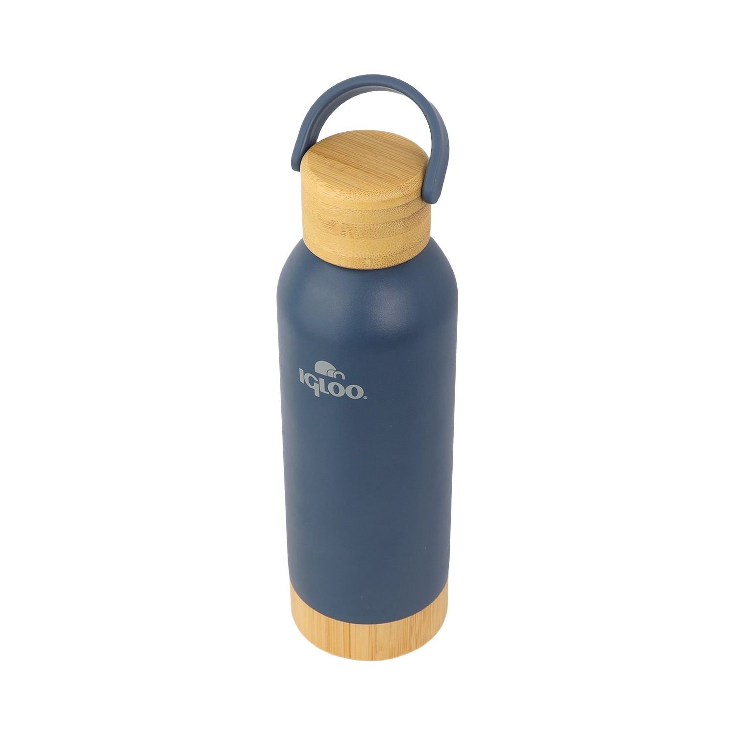 Navy steel water bottle with a bamboo lid and base, cut out on a transparent background
