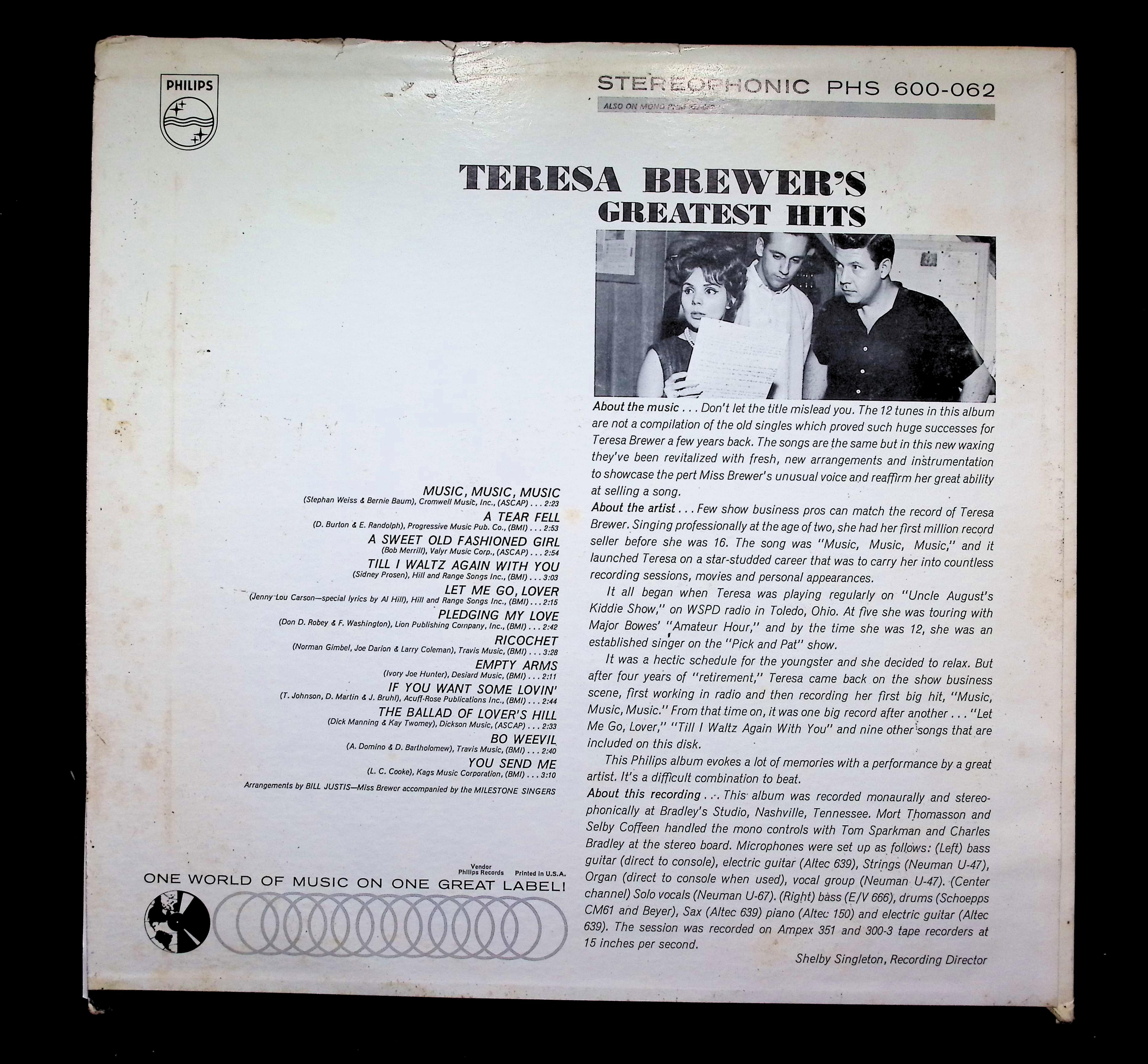 Teresa Brewer Greatest Hits LP 1962 PHS 600-062 Jazz Pop — image 2