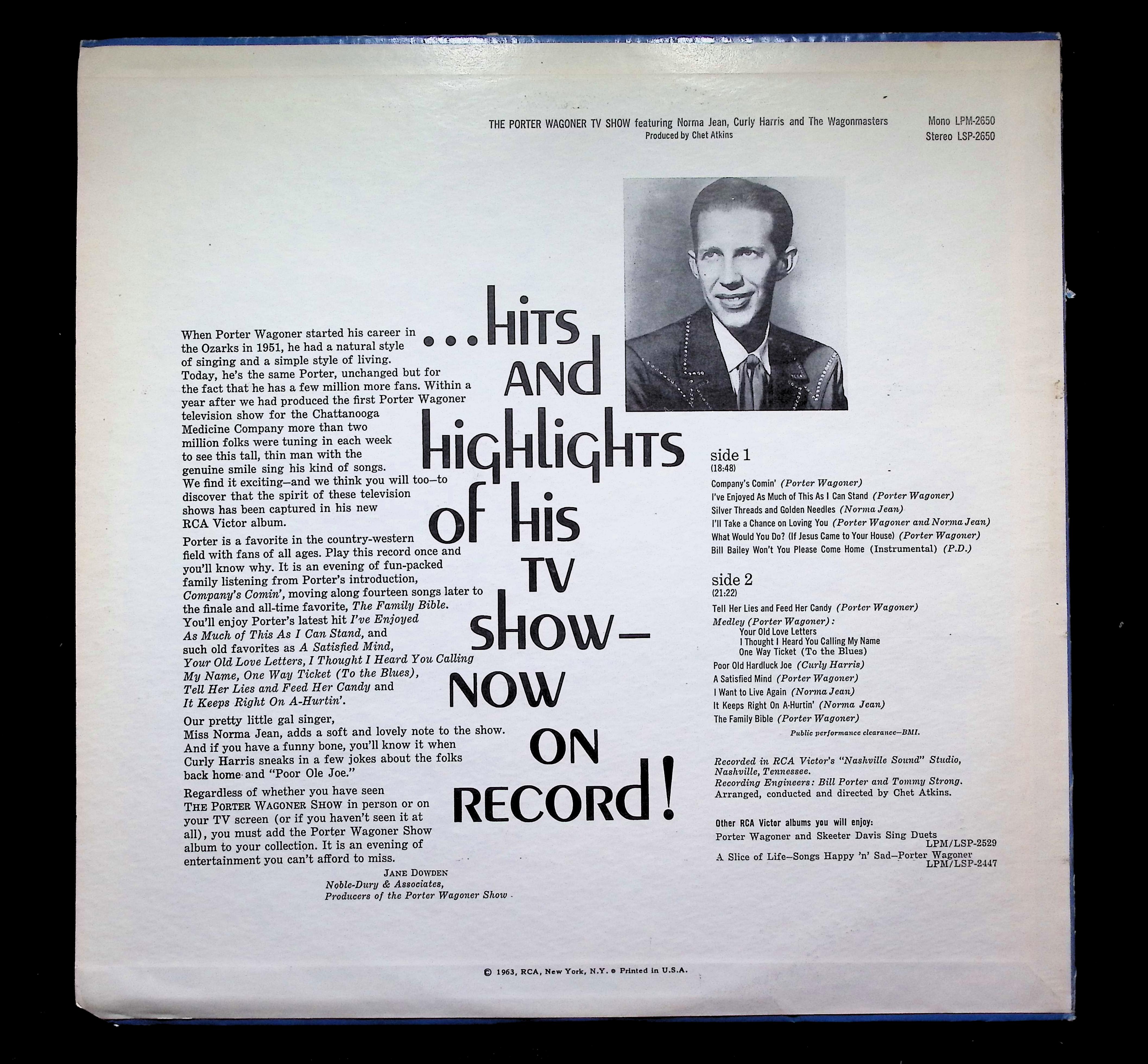 Various – The Porter Wagoner Show – 1963 – LSP-2650 – Country – LP — image 2