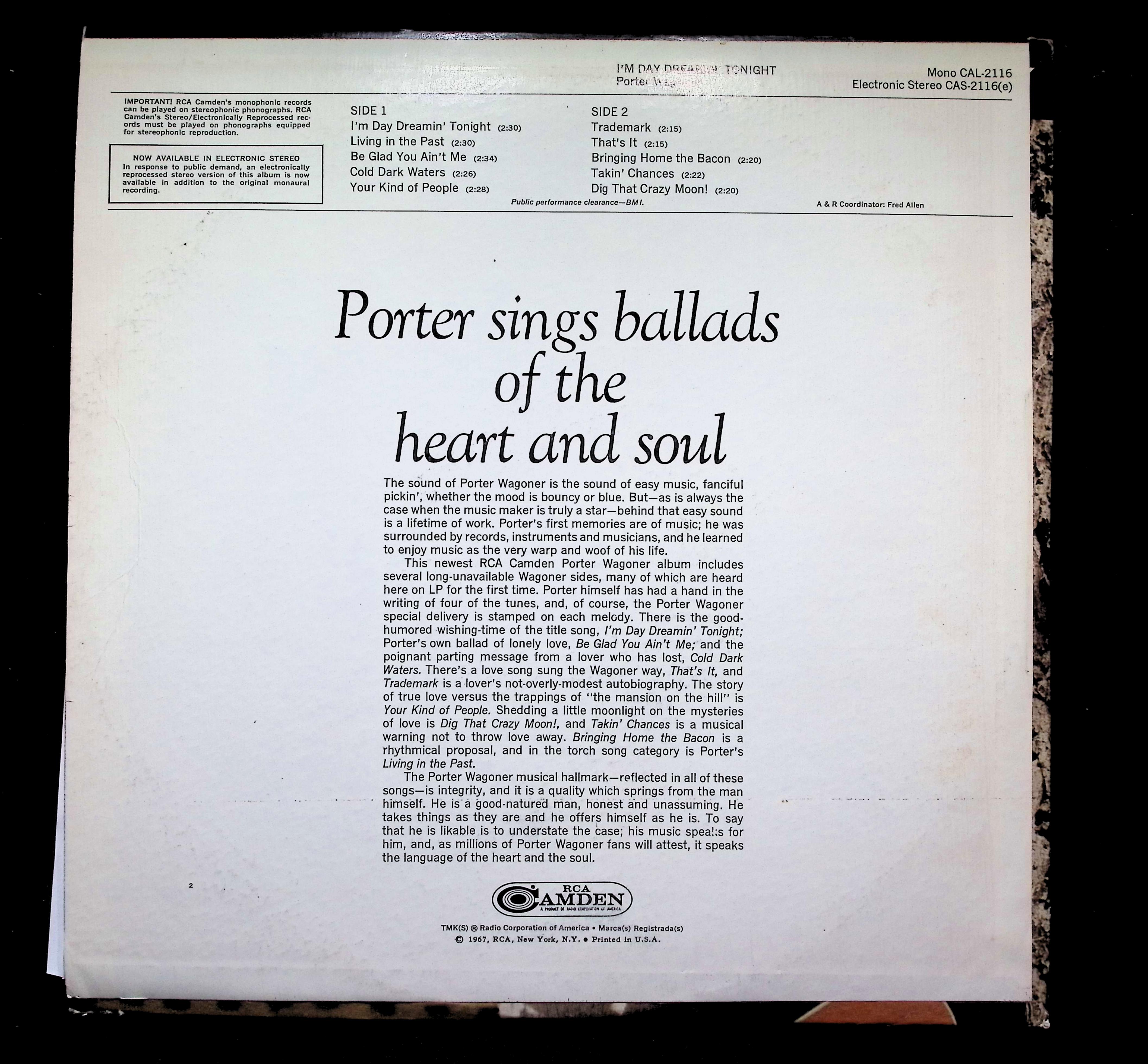Porter Wagoner Sings Ballads LP 1967 RCA Camden Country — image 2