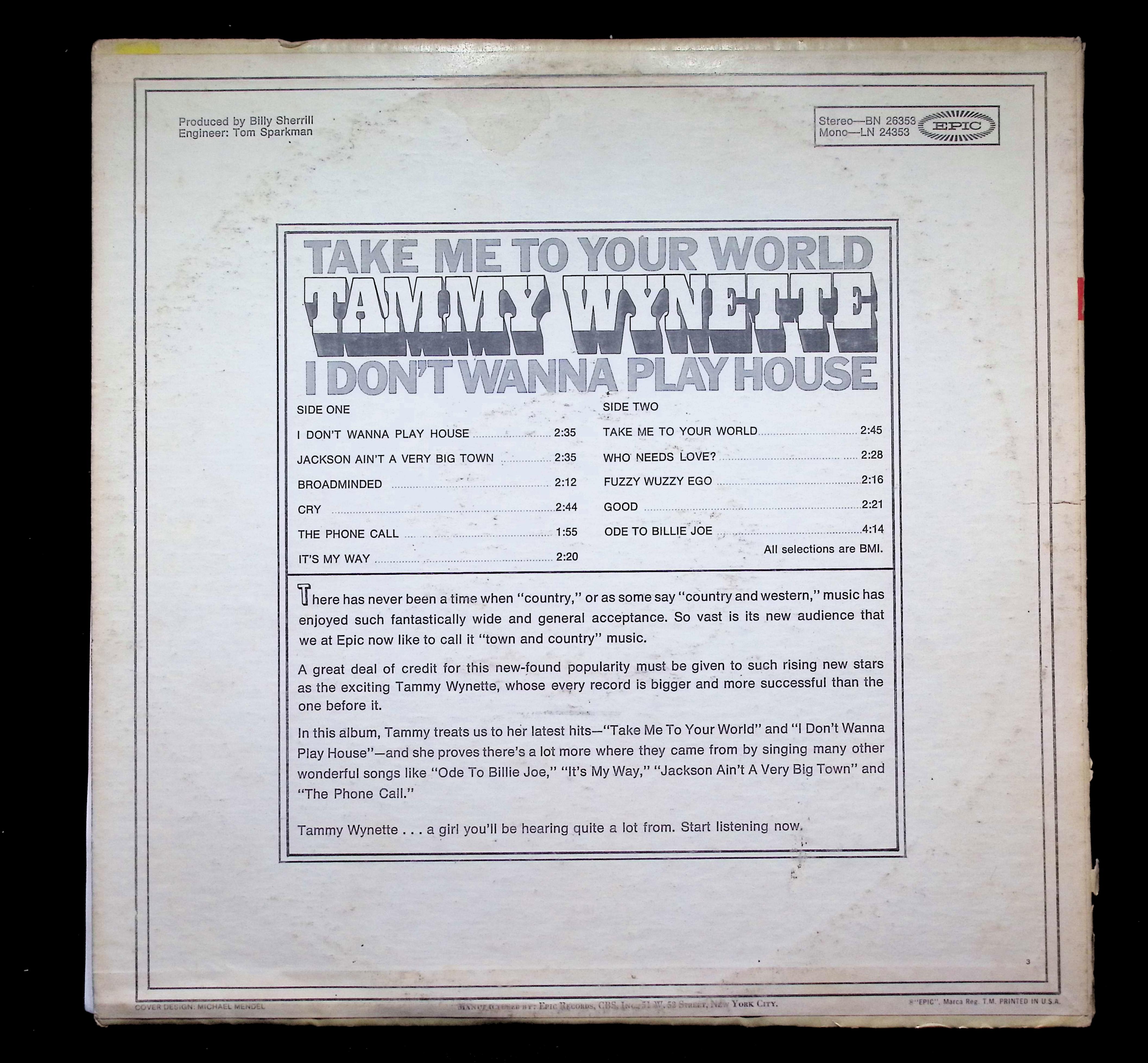 Tammy Wynette Take Me To Your World LP 1968 Epic Country — image 2